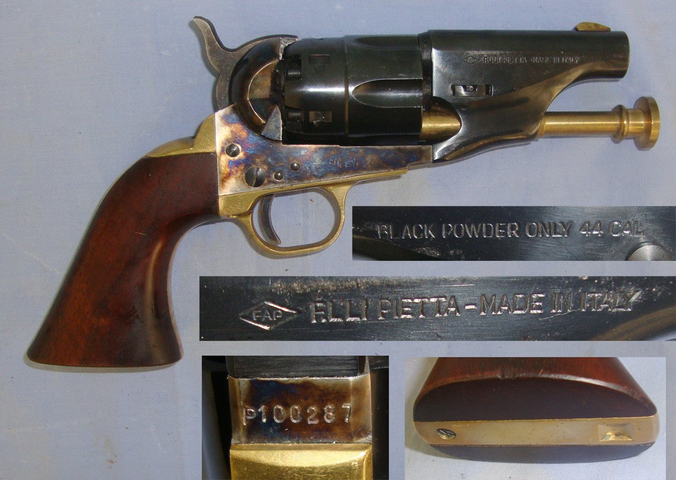 UNUSUAL SNUBNOSE VARIANT**QUALITY**Pietta Italy Colt Model 1860 Army .44 Calibre Cap & Ball Percussion Revolver With 3” Barrel Blued & Colour Case Hardened Frame, With Factory Brass Loading Rod. Sn 22643:26 None Revolver