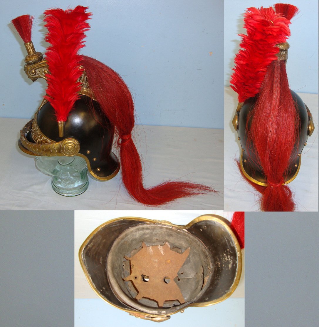  Late 1800\'s Third Republic Era French Model 1876 Cuirassier Cavalry Regiment Helmet by Alexis Godillot (1816-1893) With Plumes & Horse Hair Mane. Sn 17563  Clothing