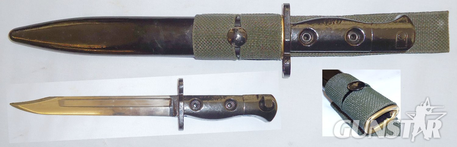 British L1A3 Knife Bayonet for the FAL Rifle No.5 Scabbard & Webbing Frog. BAYO 451. Bayonet