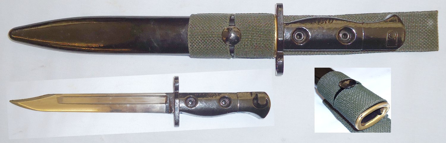 British L1A3 Knife Bayonet for the FAL Rifle No.5 Scabbard & Webbing Frog. BAYO 451. Bayonet