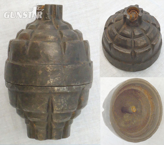 DEACTIVATED INERT. WW1, French Made Italian Model Besozzi Cast Iron Hand Grenade. Sn - 15539 DEACTIVATED INERT. WW1, French Made Italian Model Besozzi Cast Iron Hand Grenade. Sn - 15539  Other Ammunition