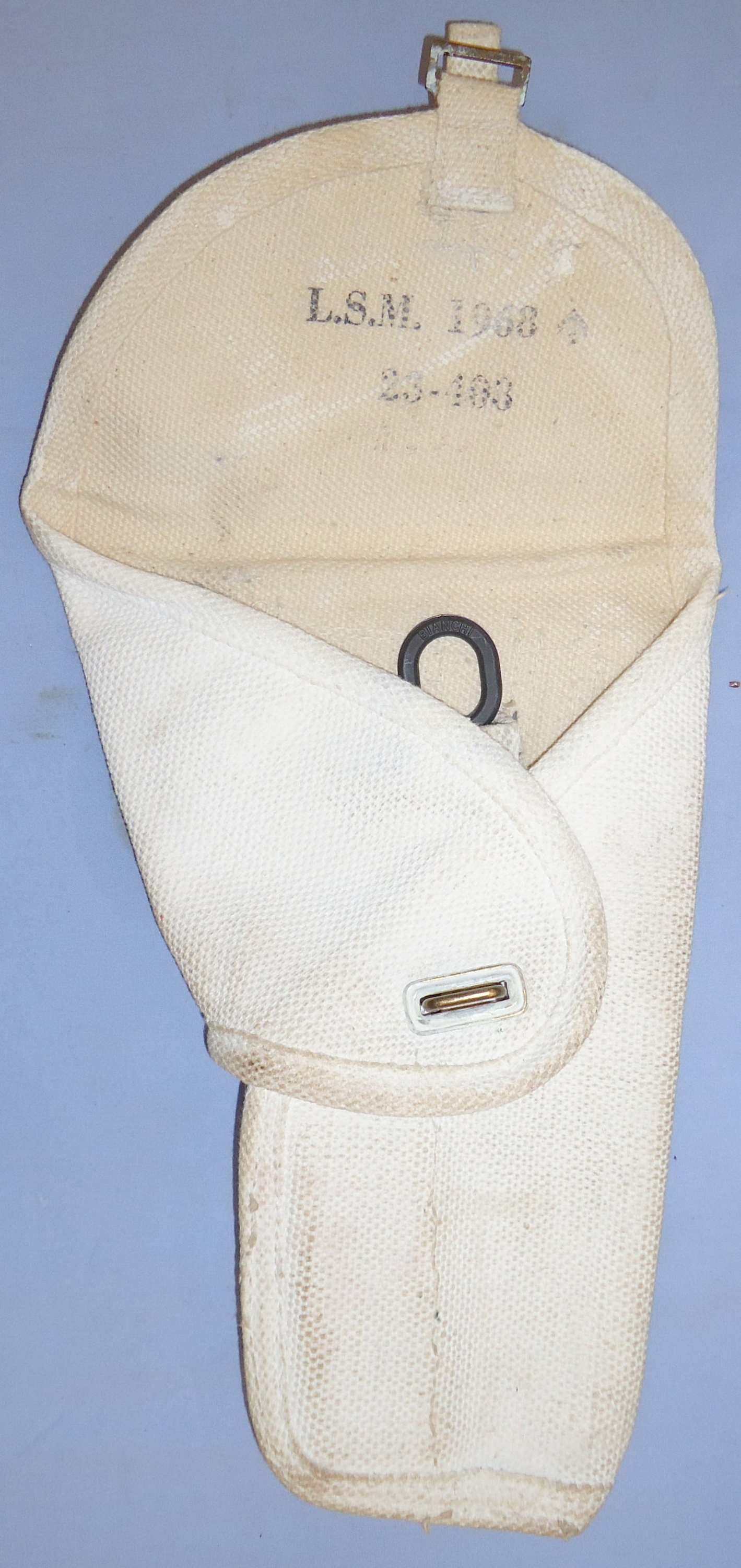 Browning 1968 Dated Snow Como White British Army Webbing Holster for the Military 9mm Browning High Power automatic pistol. L 273.  Antique & Militaria
