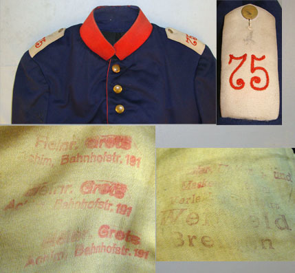  Imperial German 75th 1st Hanseatic (Bremen) Lower Saxony Infantry Regiment Iron  75th 1st Hanseatic (Bremen) Lower Saxony Infantry Regiment Iron Blue Tunic Jacke Clothing