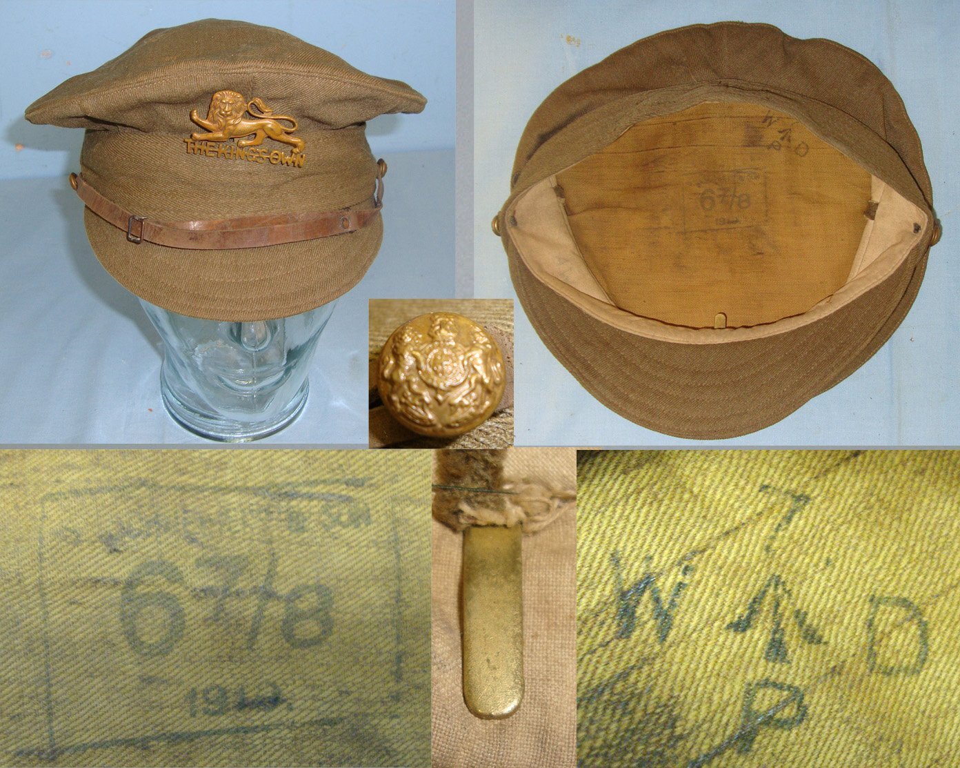 RARE**WW1 1918 British WD King\'s Own Royal Regiment (Lancaster) Other Ranks Peaked ‘Denim’ Trench Service Cap With Regimental Cap Badge. Sn 22553:13  Clothing