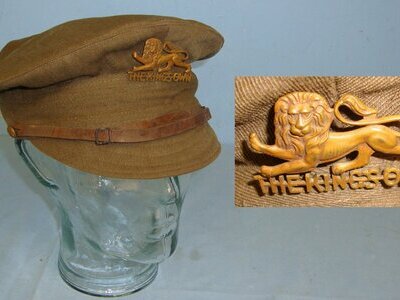 RARE**WW1 1918 British WD King\'s Own Royal Regiment (Lancaster) Other Ranks Peaked ‘Denim’ Trench Service Cap With Regimental Cap Badge. Sn 22553:13  Clothing