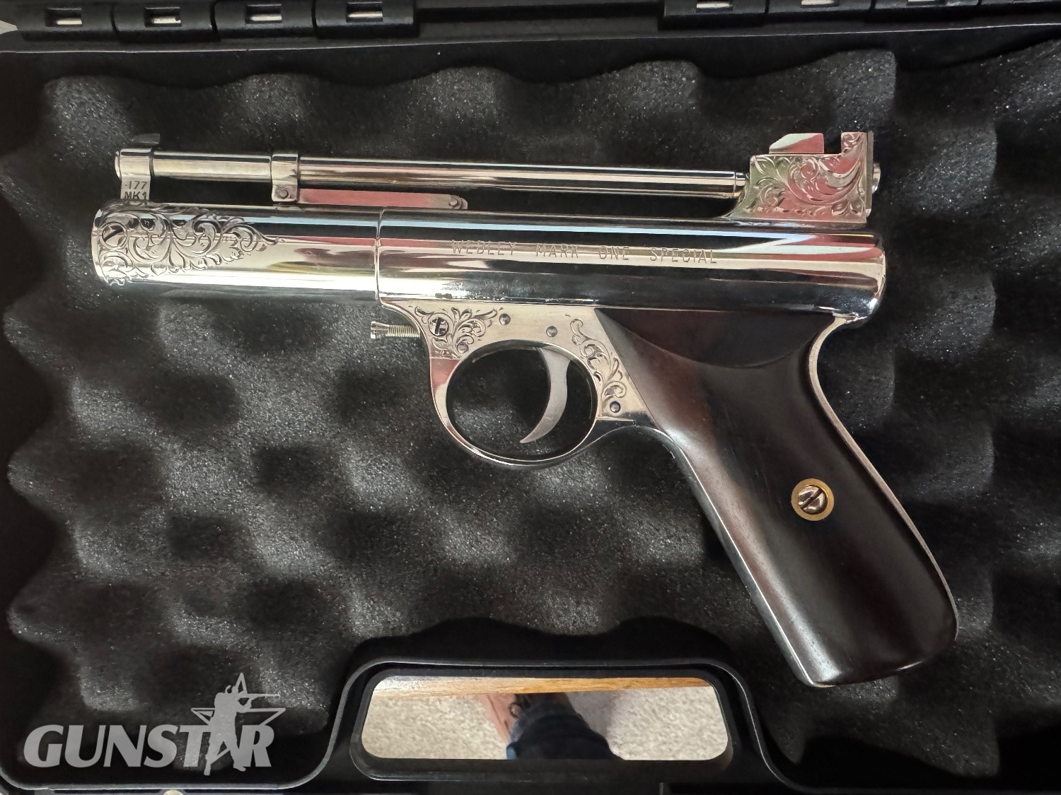 Webley mark one special in .177 in Nickel plate . ENGRAVED. Don Blocksidge Mk 1 special .177