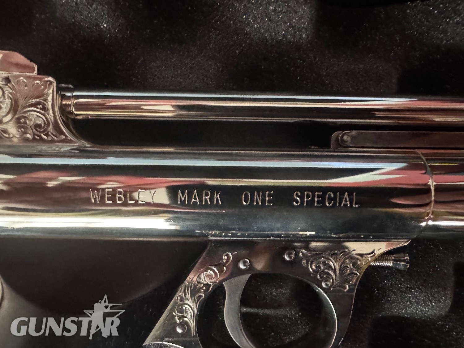 Webley mark one special in .177 in Nickel plate . ENGRAVED. Don Blocksidge Mk 1 special .177 