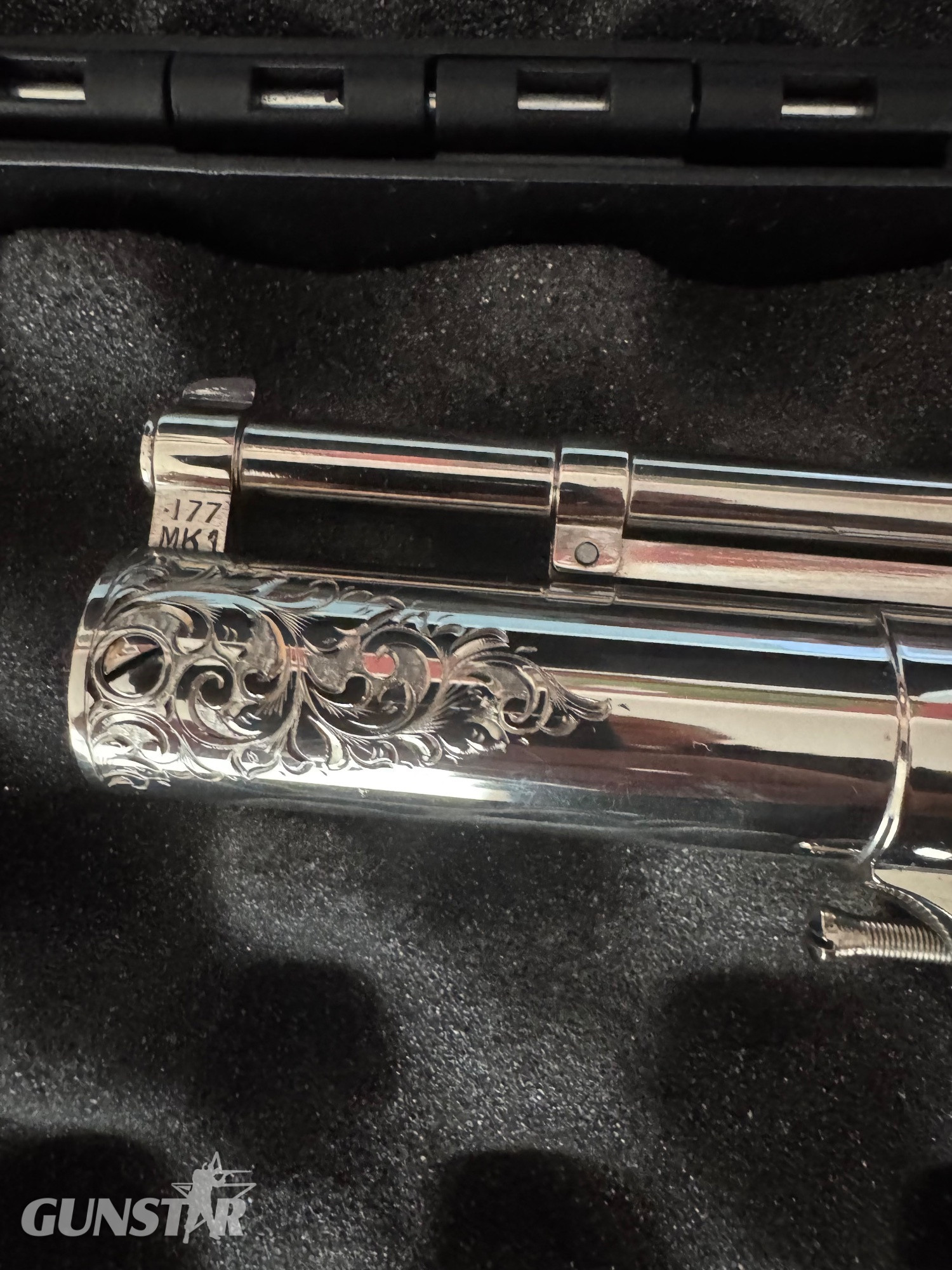 {CATEGORY} - Webley mark one special in .177 in Nickel plate . ENGRAVED. Don Blocksidge Mk 1 special .177 in 