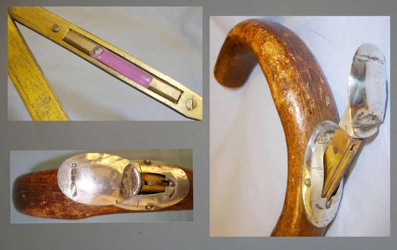 Rare & Unusual English 1935-1936 Farrier\'s Walking Stick with Integral \'Hands\' Measure, Spirit Level Arm & Hallmarked Sterling Silver Mounts. Sn 10206. Rare & Unusual English 1935-1936 Farrier\'s Walking Stick with Integral \'Hands\' Measure, Spirit Level Arm & Hallmarked Sterling Silver Mounts. Sn 10206. Other Accessory