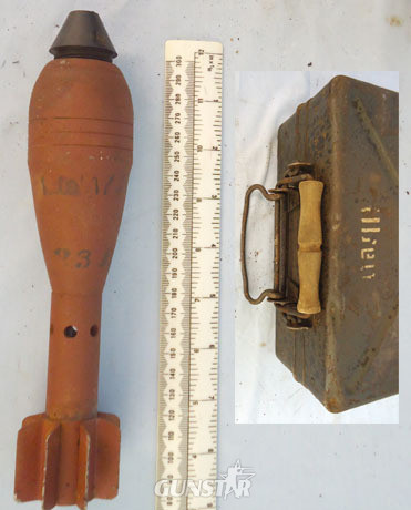  Metal Ammunition carrier containing 10 Near Mint German 5 cm, Mortar Rounds. Metal Ammunition carrier containing 10 Near Mint German 5 cm, Mortar Rounds. Antique & Militaria