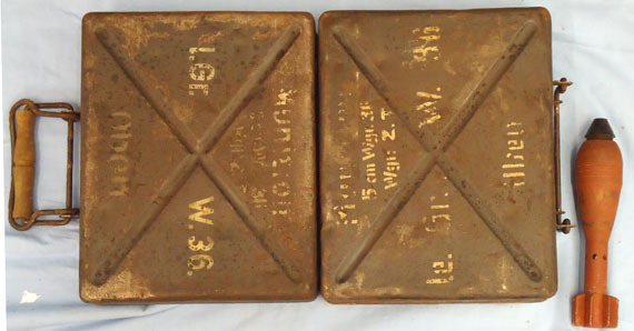 Metal Ammunition carrier containing 10 Near Mint German 5 cm, Mortar Rounds. Metal Ammunition carrier containing 10 Near Mint German 5 cm, Mortar Rounds. Antique & Militaria