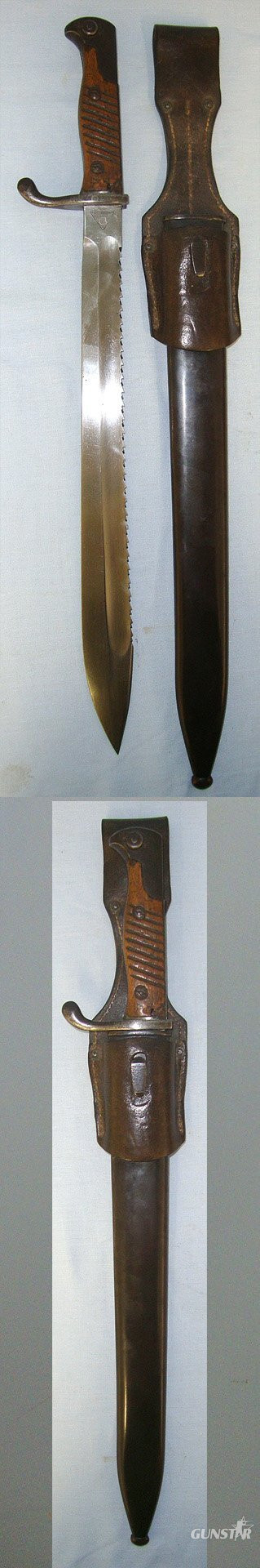 WW1 1916 / 1917 Imperial German Durkopp Werke Model 1898/05 G98 Mauser Saw Back Butcher Bayonet, Steel Scabbard & 1915 Kleinheinz Munchen (Munich) Leather Frog. Sn 23244  Bayonet in 