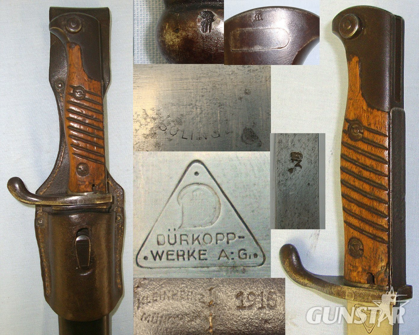 WW1 1916 / 1917 Imperial German Durkopp Werke Model 1898/05 G98 Mauser Saw Back Butcher Bayonet, Steel Scabbard & 1915 Kleinheinz Munchen (Munich) Leather Frog. Sn 23244  Bayonet