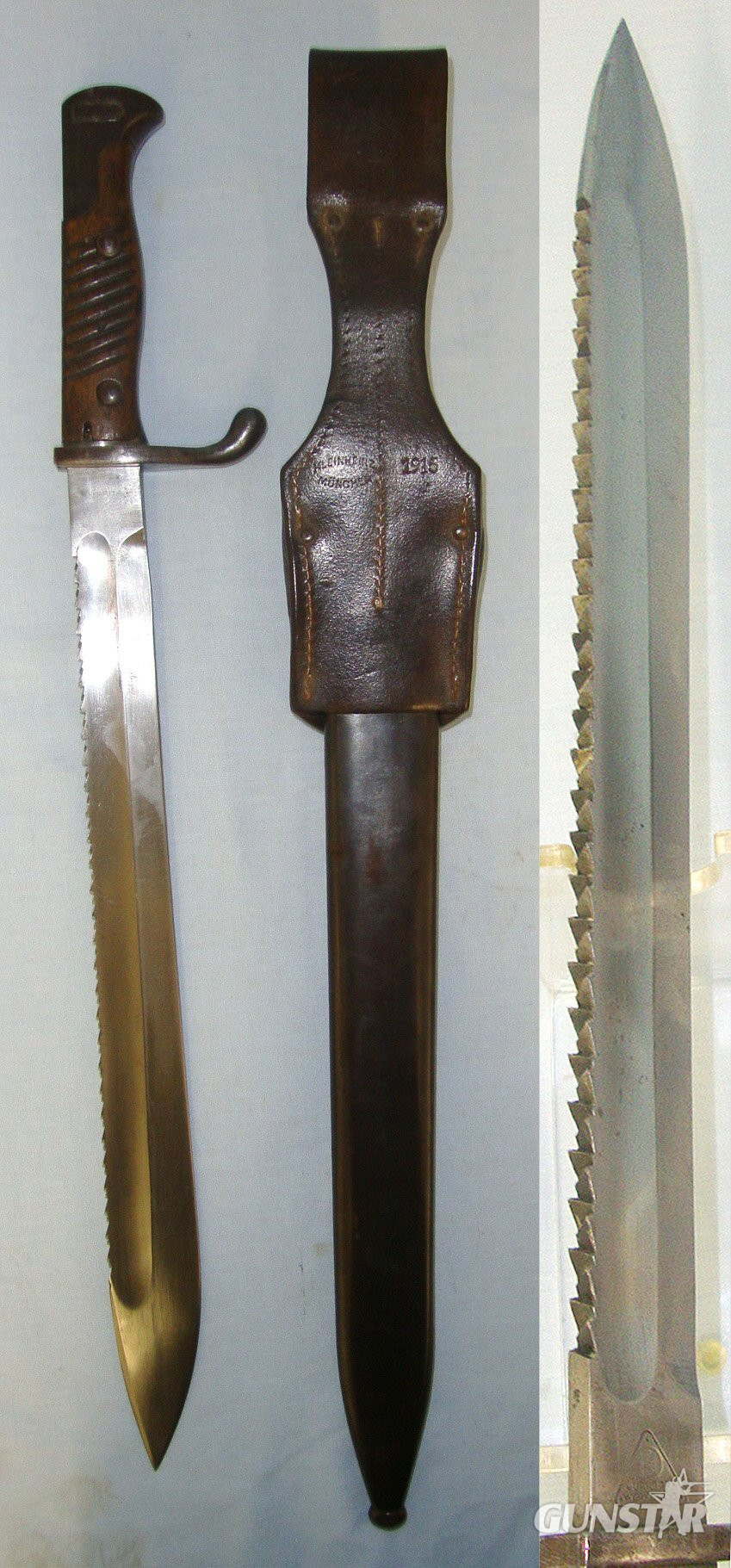  WW1 1916 / 1917 Imperial German Durkopp Werke Model 1898/05 G98 Mauser Saw Back Butcher Bayonet, Steel Scabbard & 1915 Kleinheinz Munchen (Munich) Leather Frog. Sn 23244  Bayonet