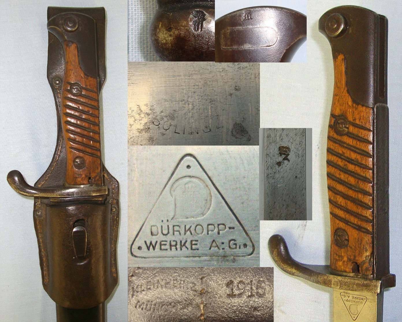 WW1 1916 / 1917 Imperial German Durkopp Werke Model 1898/05 G98 Mauser Saw Back Butcher Bayonet, Steel Scabbard & 1915 Kleinheinz Munchen (Munich) Leather Frog. Sn 23244  Bayonet