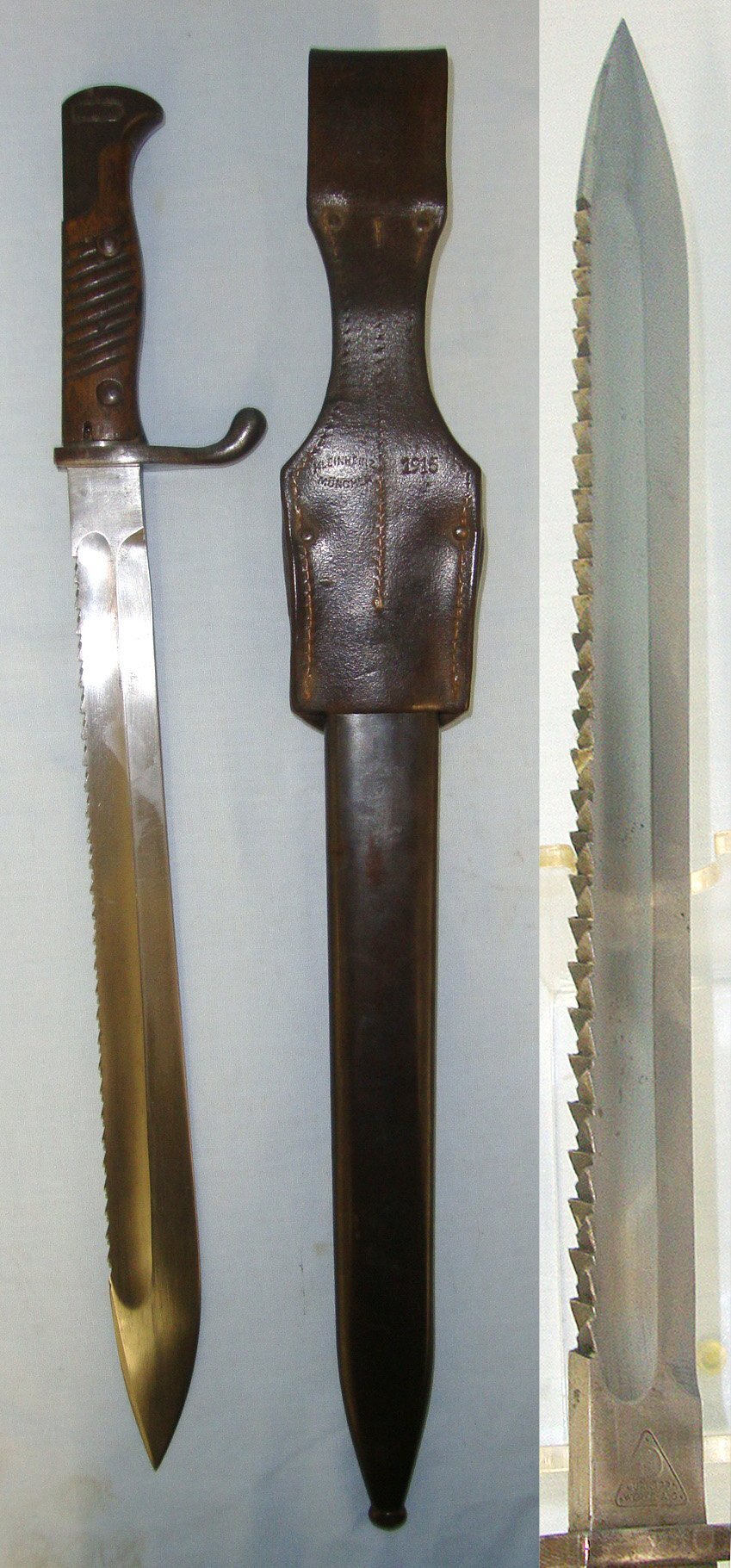  WW1 1916 / 1917 Imperial German Durkopp Werke Model 1898/05 G98 Mauser Saw Back Butcher Bayonet, Steel Scabbard & 1915 Kleinheinz Munchen (Munich) Leather Frog. Sn 23244  Bayonet