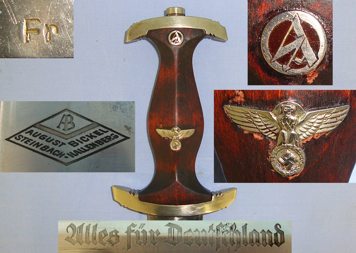 EARLY PRODUCTION**Nazi German 1933 Pattern SA Dagger With Motto Etched Blade By August Bickel Steinbach Hallenberg (Rarity 4) To ‘Fr’ (SA Group Franken Nuremberg) & Scabbard. Sn 23484:43 Knive