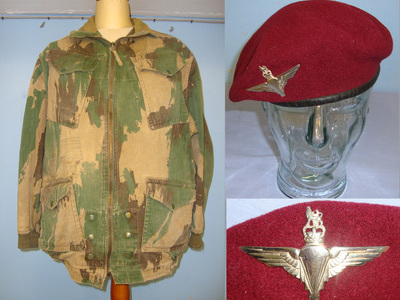 Cold War 1955 British WD Red Beret With Queen’s Crown Parachute Regiment Badge By Kangol Ltd Size 6 7/8 & WW2 Pattern 1952 British Camouflaged Denison Smock. Sn 21207  Clothing