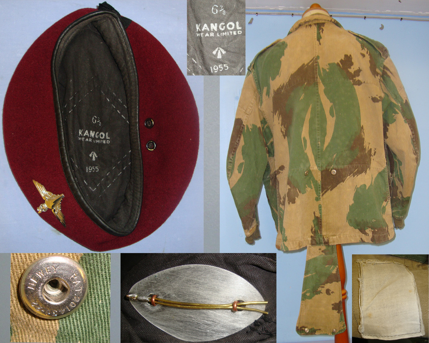 Cold War 1955 British WD Red Beret With Queen’s Crown Parachute Regiment Badge By Kangol Ltd Size 6 7/8 & WW2 Pattern 1952 British Camouflaged Denison Smock. Sn 21207  Clothing