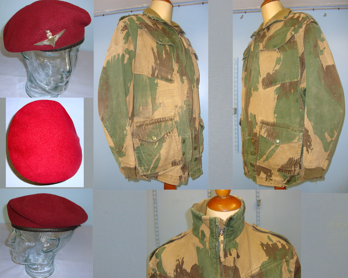  Cold War 1955 British WD Red Beret With Queen’s Crown Parachute Regiment Badge By Kangol Ltd Size 6 7/8 & WW2 Pattern 1952 British Camouflaged Denison Smock. Sn 21207  Clothing