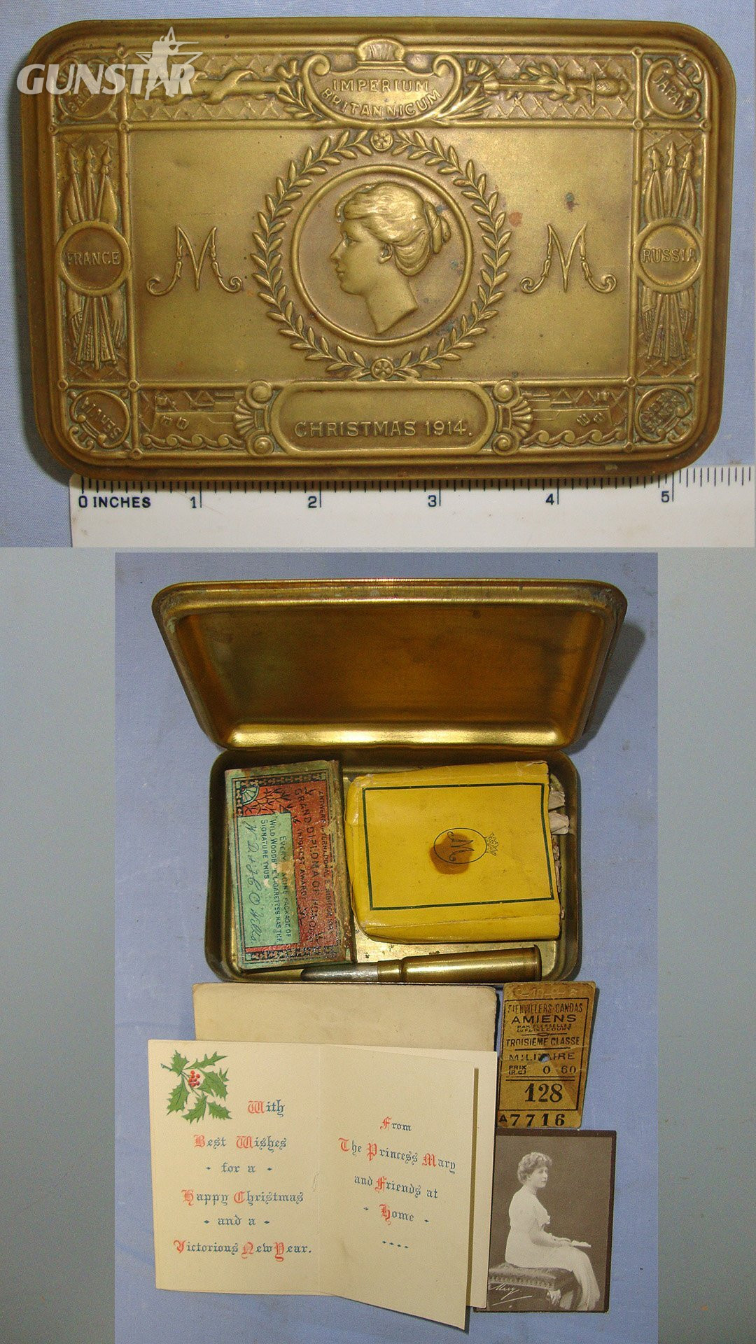 ORIGINAL**Early WW1 Christmas 1914 Princess Mary's Brass Gift Fund Box With Original Contents. Sn 22987:3  Antique & Militaria