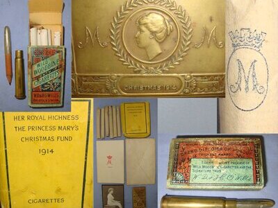ORIGINAL**Early WW1 Christmas 1914 Princess Mary's Brass Gift Fund Box With Original Contents. Sn 22987:3  Antique & Militaria