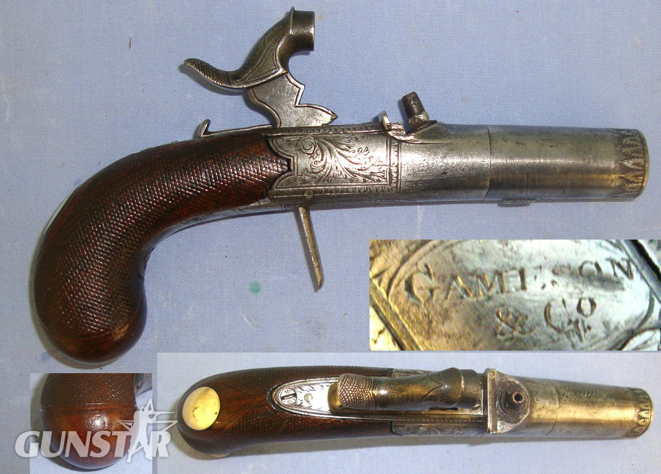 1831 – 1834 English, Gameson & Co London, 40 Bore Round Action Percussion Pocket Pistol With Screw Off Barrel & Concealed Folding Trigger. Sn 21094 .40 S&W Muzzleloader in 