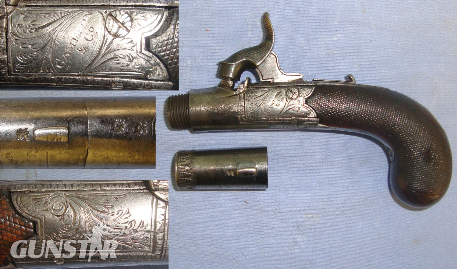 1831 – 1834 English, Gameson & Co London, 40 Bore Round Action Percussion Pocket Pistol With Screw Off Barrel & Concealed Folding Trigger. Sn 21094 .40 S&W Muzzleloader