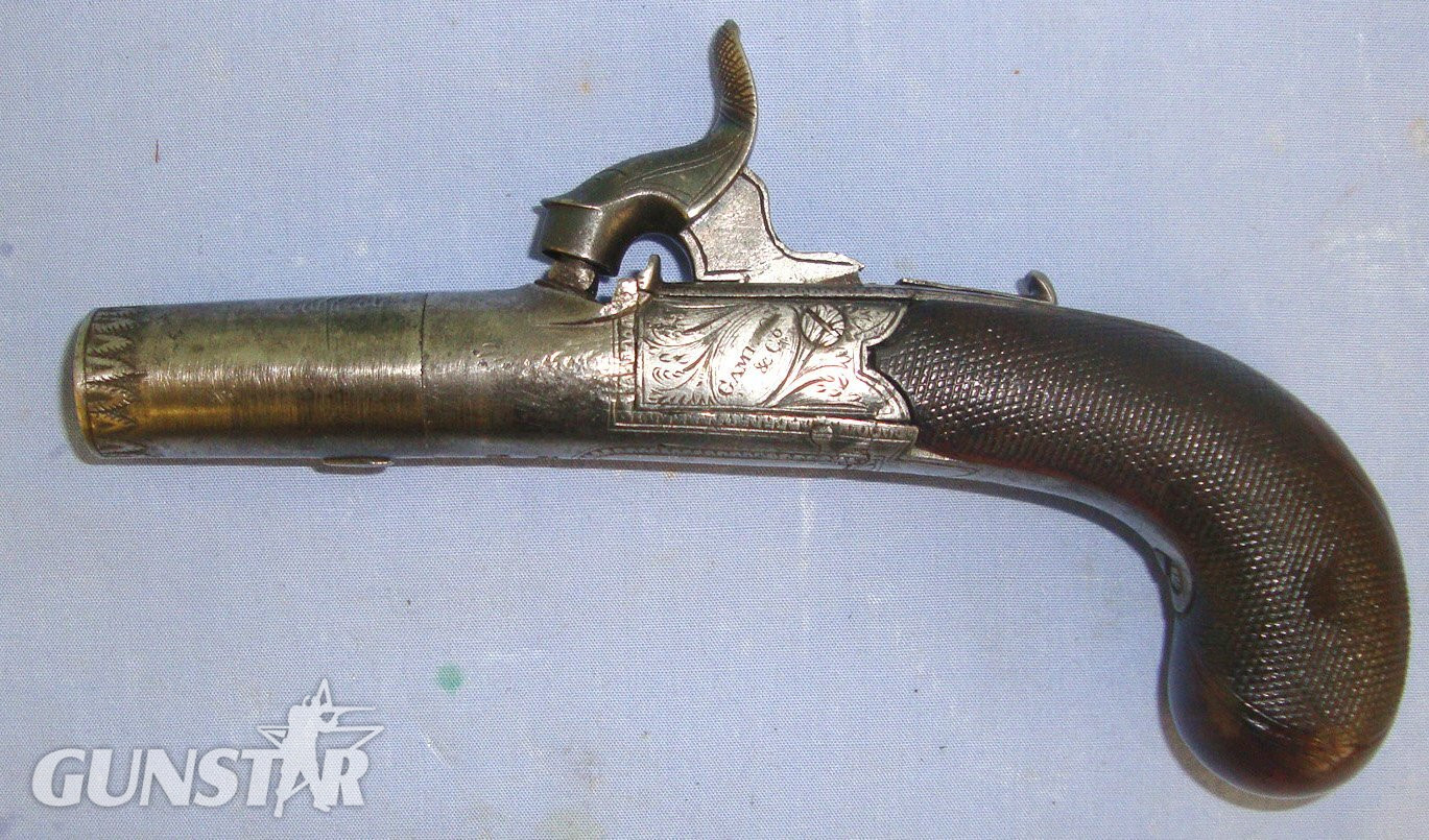  1831 – 1834 English, Gameson & Co London, 40 Bore Round Action Percussion Pocket Pistol With Screw Off Barrel & Concealed Folding Trigger. Sn 21094 .40 S&W Muzzleloader