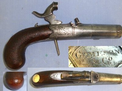 1831 – 1834 English, Gameson & Co London, 40 Bore Round Action Percussion Pocket Pistol With Screw Off Barrel & Concealed Folding Trigger. Sn 21094 .40 S&W Muzzleloader