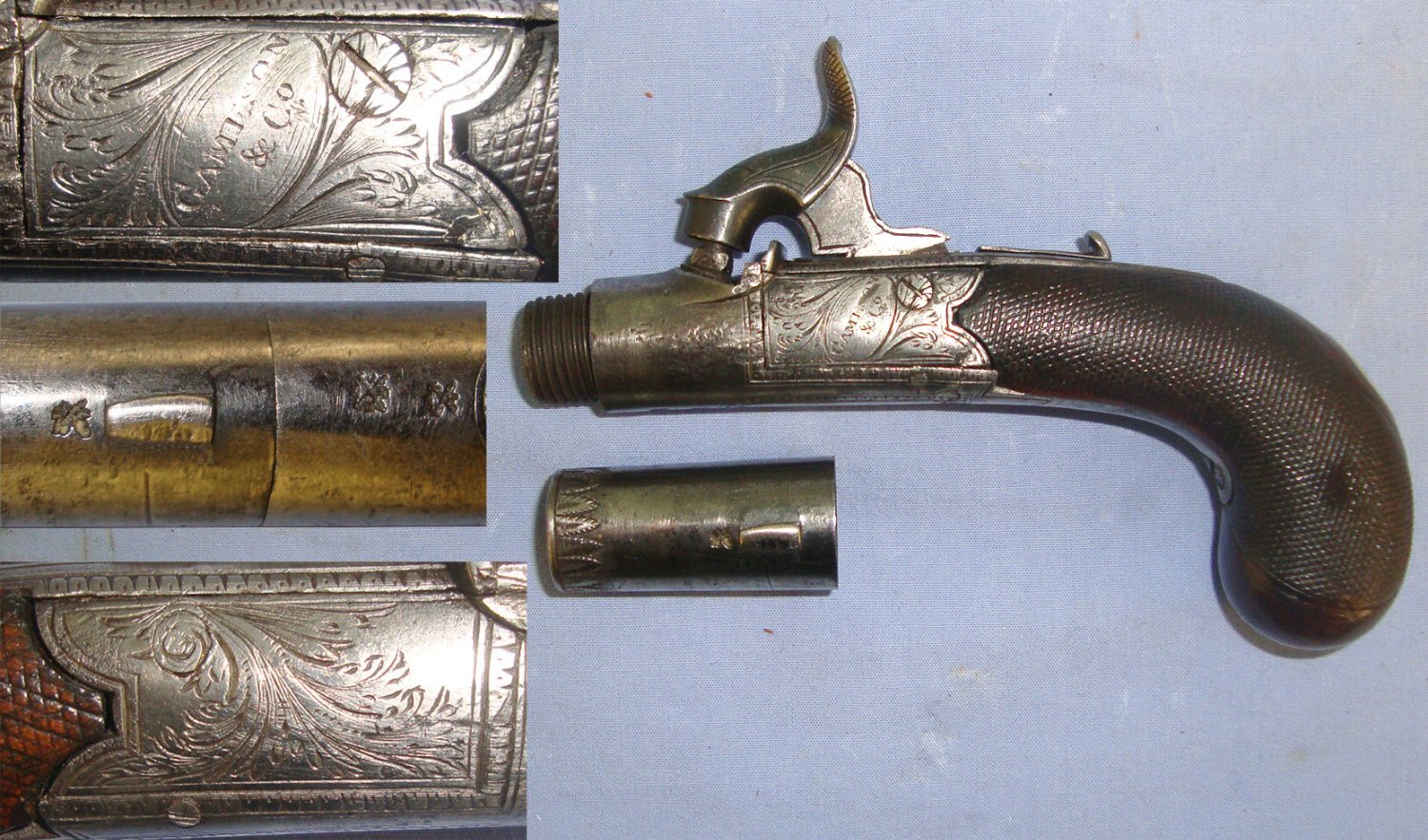 1831 – 1834 English, Gameson & Co London, 40 Bore Round Action Percussion Pocket Pistol With Screw Off Barrel & Concealed Folding Trigger. Sn 21094 .40 S&W Muzzleloader