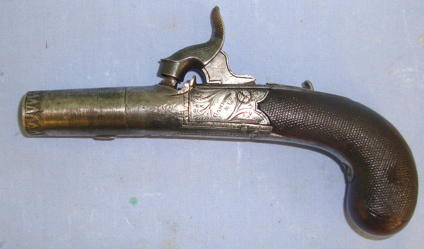  1831 – 1834 English, Gameson & Co London, 40 Bore Round Action Percussion Pocket Pistol With Screw Off Barrel & Concealed Folding Trigger. Sn 21094 .40 S&W Muzzleloader