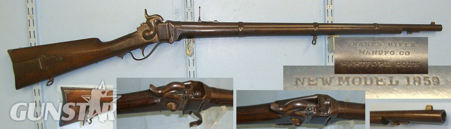 RARE**ORIGINAL**American Civil War Era, Sharps New Model 1859 .52” Paper Cartridge Capping Breech Loading Percussion Single Shot Rifle With Lawrence 1859 Patent Flip Up Ladder Rear Sight & Patch Box. Sn 23386 Sharps  Single Shot Obsolete Rifle in 