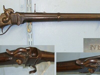 RARE**ORIGINAL**American Civil War Era, Sharps New Model 1859 .52” Paper Cartridge Capping Breech Loading Percussion Single Shot Rifle With Lawrence 1859 Patent Flip Up Ladder Rear Sight & Patch Box. Sn 23386 Sharps Single Shot Obsolete Rifle