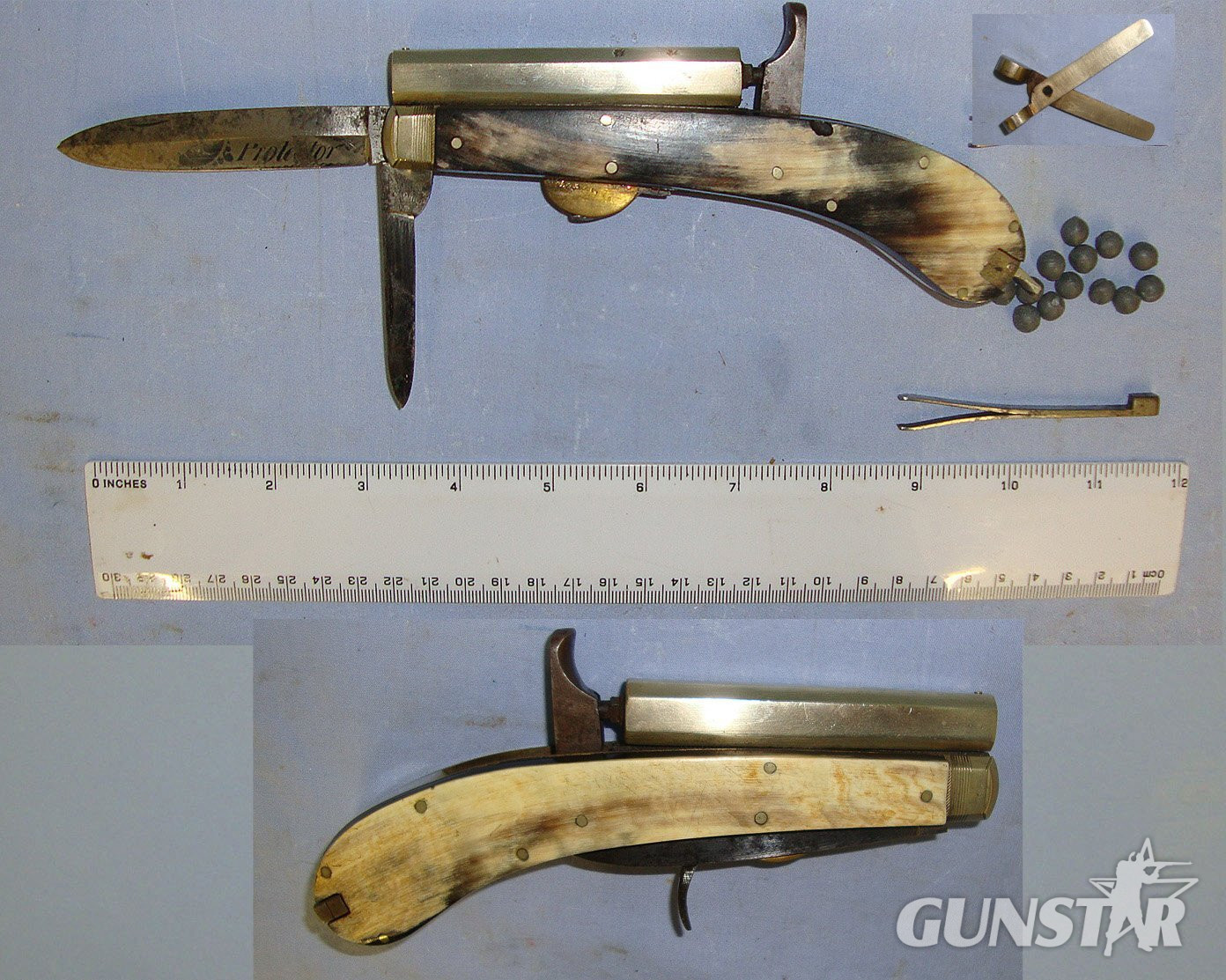 RARE**C1840 Victorian Unwin & Rodgers Sheffield Self Protector Etched Blade 120 Bore Muzzle Loading Percussion Combination Knife Pistol  With Horn Scales, German Silver Octagonal Barrel & Fittings, Ball Mould & Tweezer Grip Insert Accessories & Balls. Sn 23092 None Muzzleloader in 
