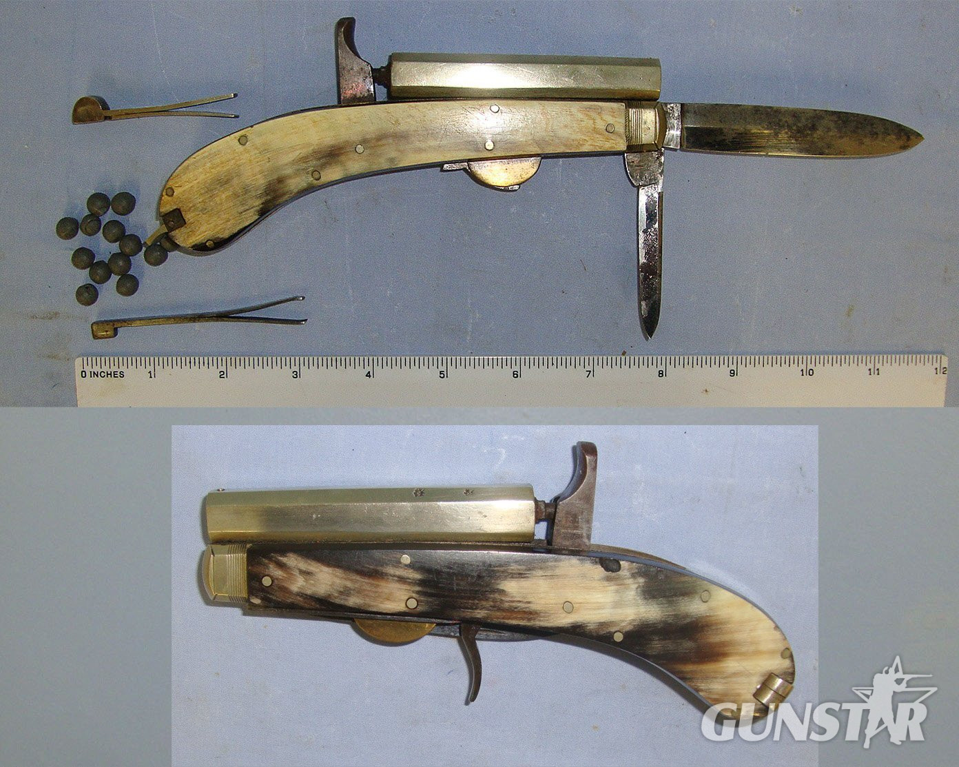  RARE**C1840 Victorian Unwin & Rodgers Sheffield Self Protector Etched Blade 120 Bore Muzzle Loading Percussion Combination Knife Pistol  With Horn Scales, German Silver Octagonal Barrel & Fittings, Ball Mould & Tweezer Grip Insert Accessories & Balls. Sn 23092 None Muzzleloader