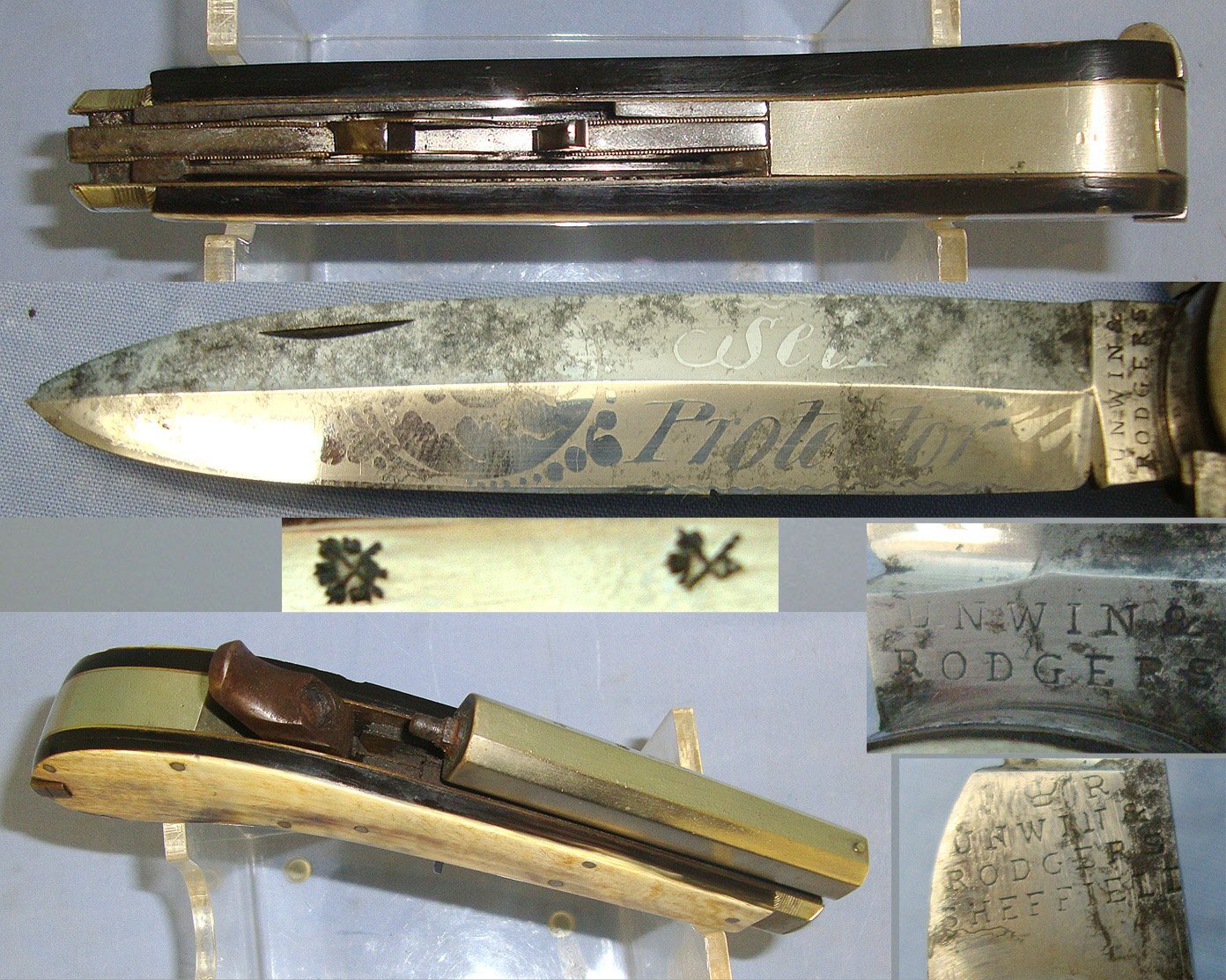 RARE**C1840 Victorian Unwin & Rodgers Sheffield Self Protector Etched Blade 120 Bore Muzzle Loading Percussion Combination Knife Pistol  With Horn Scales, German Silver Octagonal Barrel & Fittings, Ball Mould & Tweezer Grip Insert Accessories & Balls. Sn 23092 None Muzzleloader