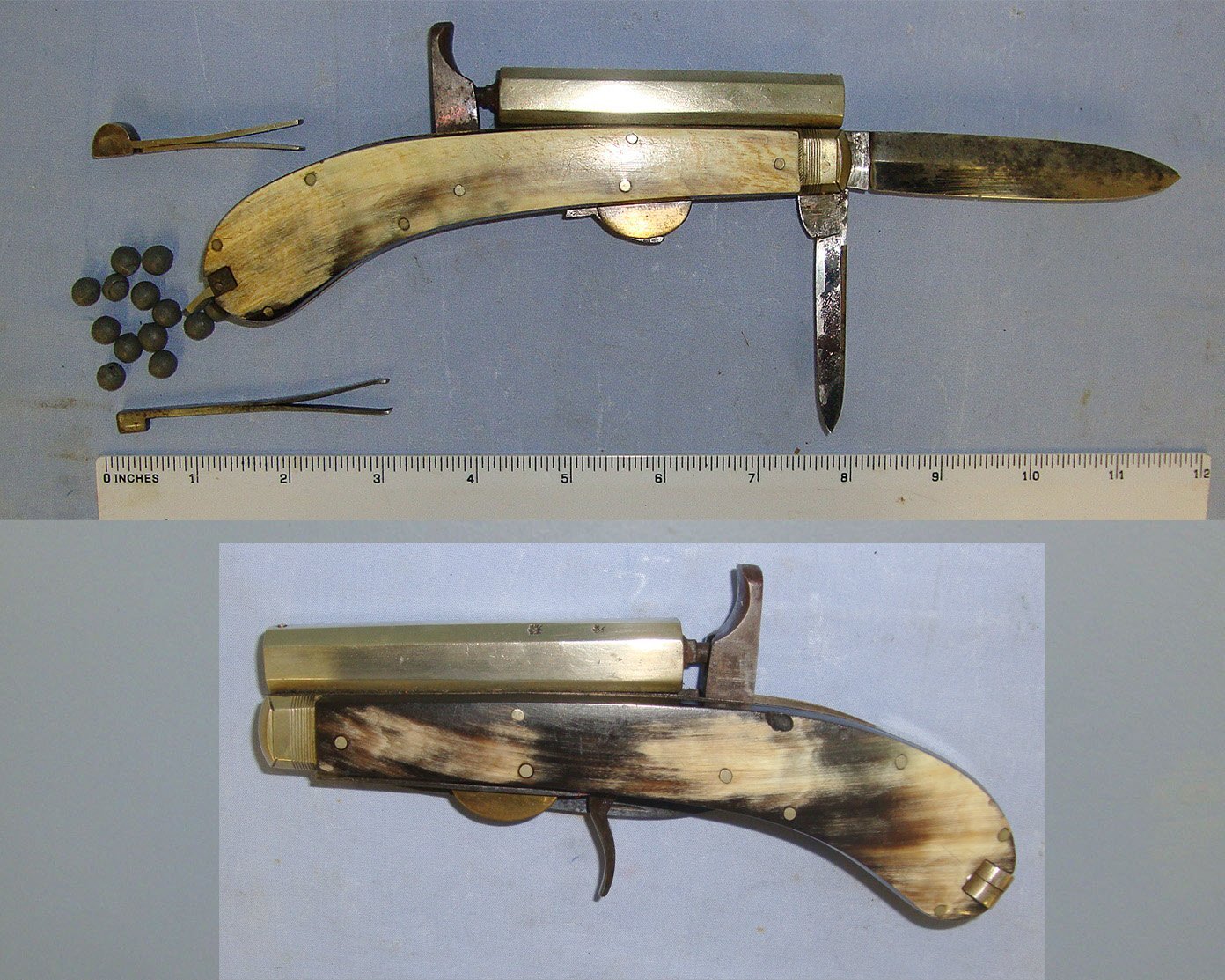  RARE**C1840 Victorian Unwin & Rodgers Sheffield Self Protector Etched Blade 120 Bore Muzzle Loading Percussion Combination Knife Pistol  With Horn Scales, German Silver Octagonal Barrel & Fittings, Ball Mould & Tweezer Grip Insert Accessories & Balls. Sn 23092 None Muzzleloader