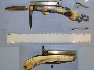 RARE**C1840 Victorian Unwin & Rodgers Sheffield Self Protector Etched Blade 120 Bore Muzzle Loading Percussion Combination Knife Pistol With Horn Scales, German Silver Octagonal Barrel & Fittings, Ball Mould & Tweezer Grip Insert Accessories & Balls. Sn 23092 None Muzzleloader