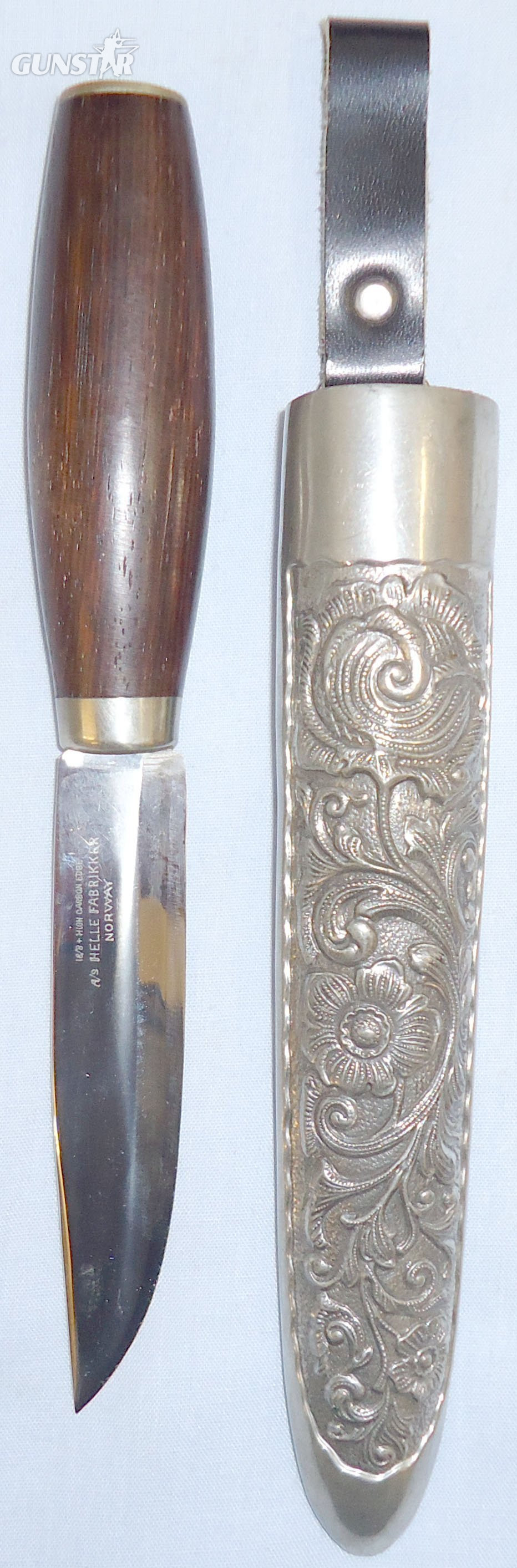 Norwegian Helle Fabrikker Hunting / Fishing Knife and Open Top Ornate Metal Scabbard. 15908:3. Hunting Knive in 