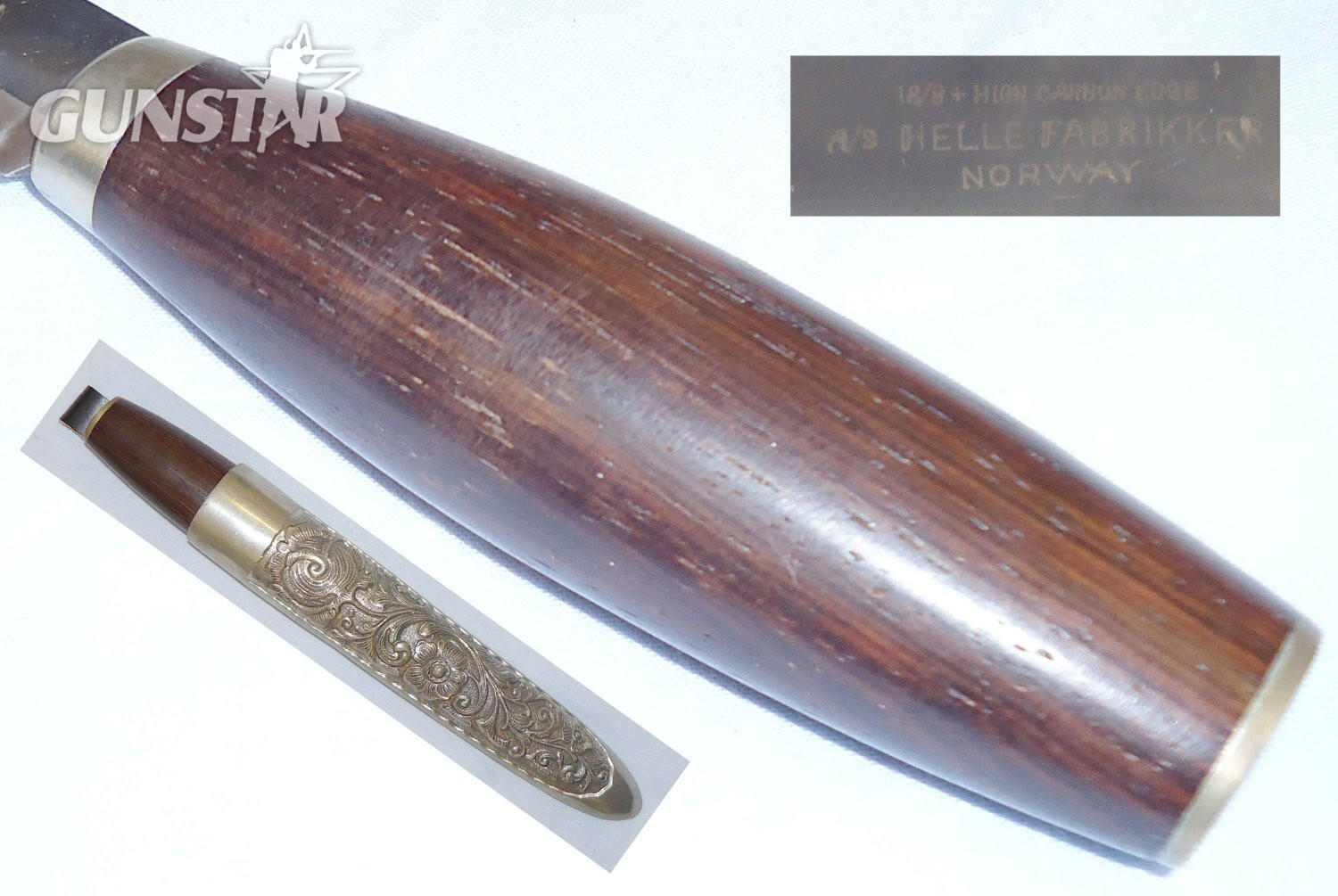 Norwegian Helle Fabrikker Hunting / Fishing Knife and Open Top Ornate Metal Scabbard. 15908:3. Hunting Knive