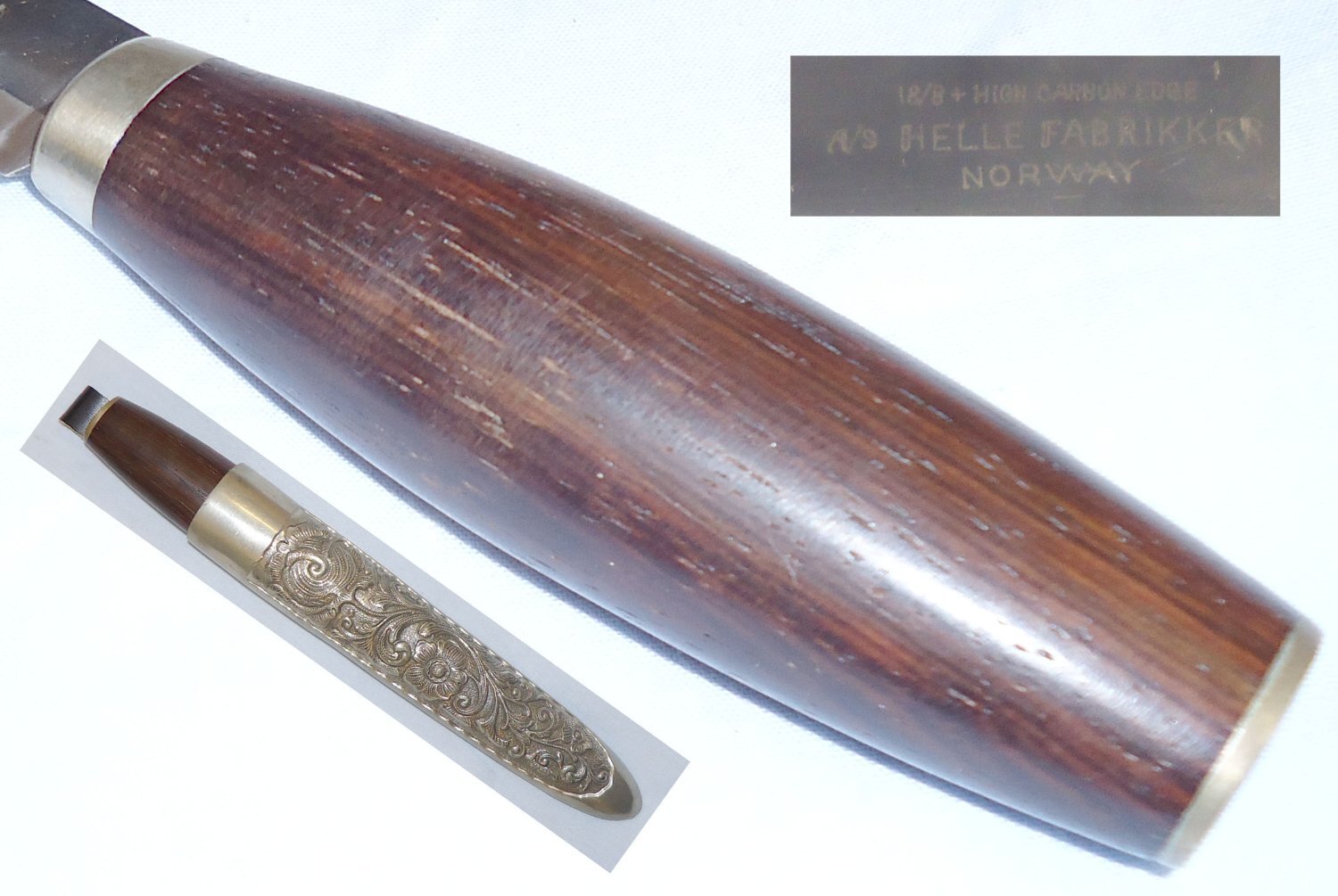 Norwegian Helle Fabrikker Hunting / Fishing Knife and Open Top Ornate Metal Scabbard. 15908:3. Hunting Knive