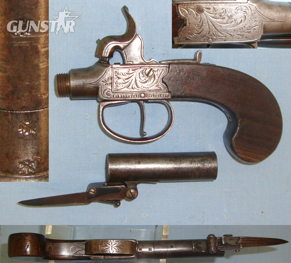 C1820 English 54 Bore Percussion Pocket Pistol With Screw Off Barrel & Folding Sprung Bayonet. Sn 22287 .54 Cal Muzzleloader Muzzleloader in 