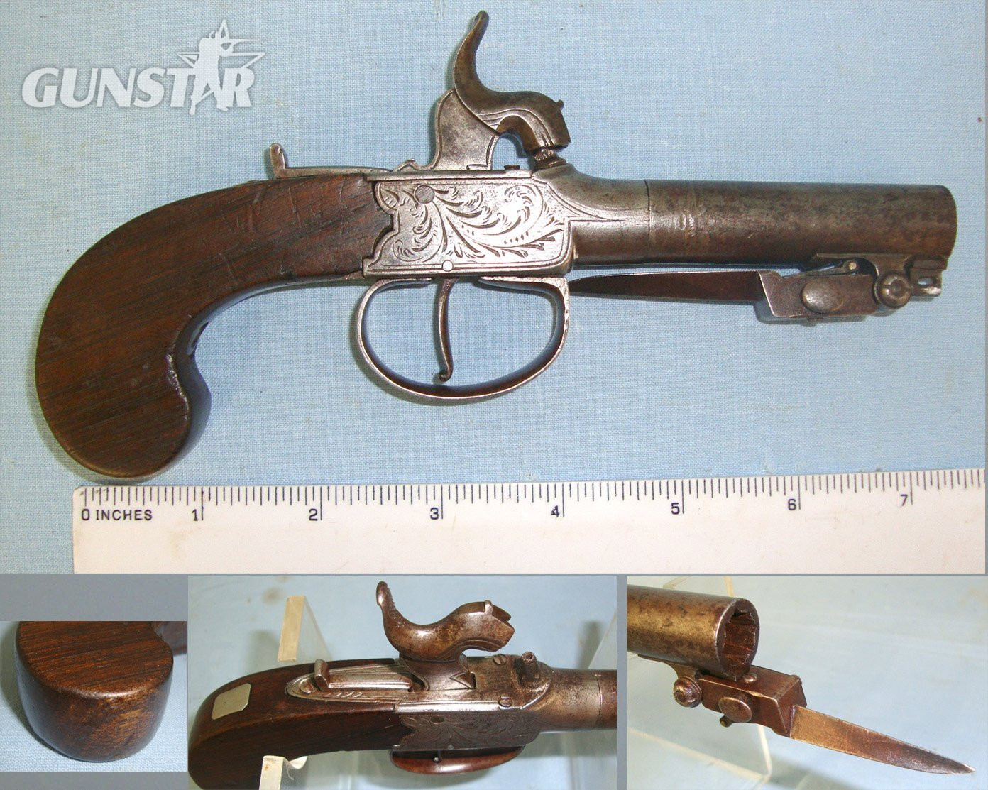 C1820 English 54 Bore Percussion Pocket Pistol With Screw Off Barrel & Folding Sprung Bayonet. Sn 22287 .54 Cal Muzzleloader Muzzleloader