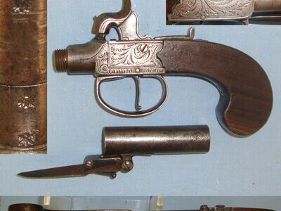 C1820 English 54 Bore Percussion Pocket Pistol With Screw Off Barrel & Folding Sprung Bayonet. Sn 22287 .54 Cal Muzzleloader Muzzleloader