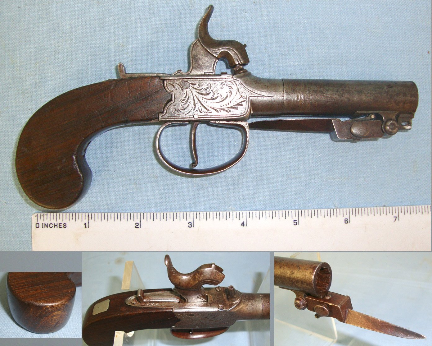 C1820 English 54 Bore Percussion Pocket Pistol With Screw Off Barrel & Folding Sprung Bayonet. Sn 22287 .54 Cal Muzzleloader Muzzleloader