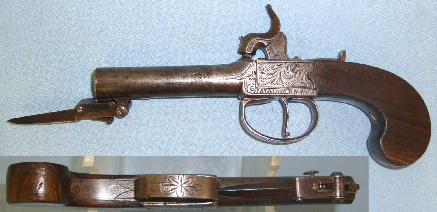  C1820 English 54 Bore Percussion Pocket Pistol With Screw Off Barrel & Folding Sprung Bayonet. Sn 22287 .54 Cal Muzzleloader Muzzleloader