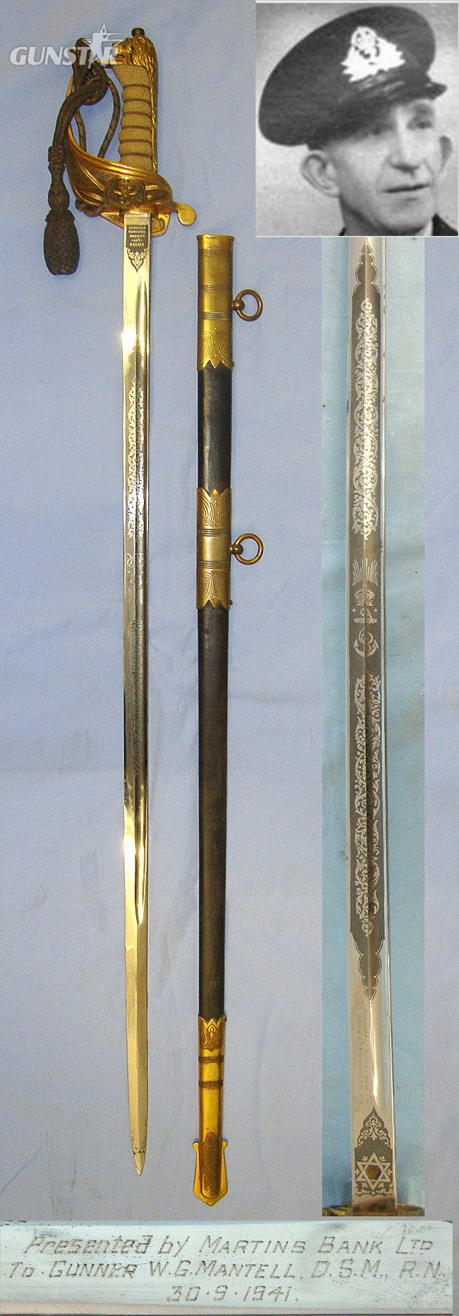 ATTRIBUTED TO WW1 DISTINGUISHED SERVICE MEDAL (DSM) GALLIPOLI RECIPIENT**British Royal Navy Officer’s 1827 Pattern George VI Presentation Sword With Etched Blade By Gieves, Inscribed ‘PRESENTED BY MARTINS BANK LTD TO GUNNER W.G. MANTELL DSM RN 30.9.41 Sword in 