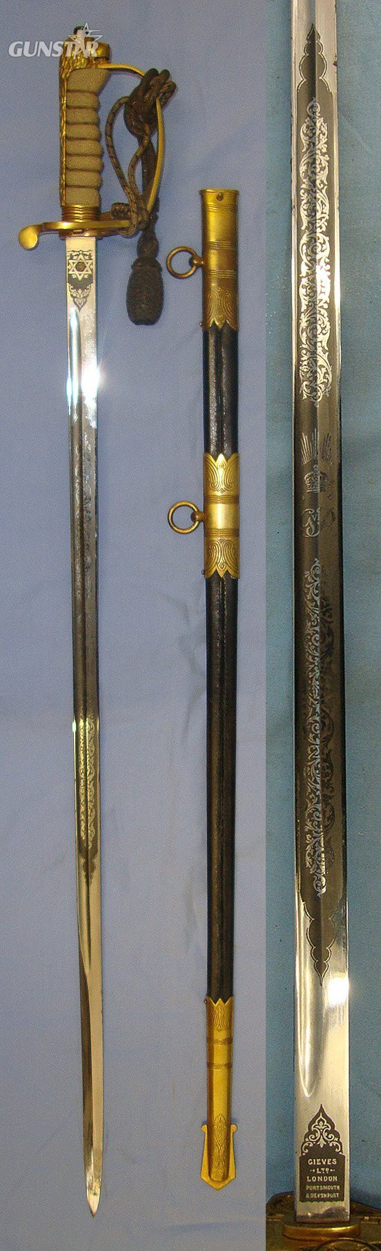 ATTRIBUTED TO WW1 DISTINGUISHED SERVICE MEDAL (DSM) GALLIPOLI RECIPIENT**British Royal Navy Officer’s 1827 Pattern George VI Presentation Sword With Etched Blade By Gieves, Inscribed ‘PRESENTED BY MARTINS BANK LTD TO GUNNER W.G. MANTELL DSM RN 30.9.41 Sword
