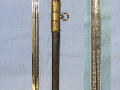 ATTRIBUTED TO WW1 DISTINGUISHED SERVICE MEDAL (DSM) GALLIPOLI RECIPIENT**British Royal Navy Officer’s 1827 Pattern George VI Presentation Sword With Etched Blade By Gieves, Inscribed ‘PRESENTED BY MARTINS BANK LTD TO GUNNER W.G. MANTELL DSM RN 30.9.41 Sword